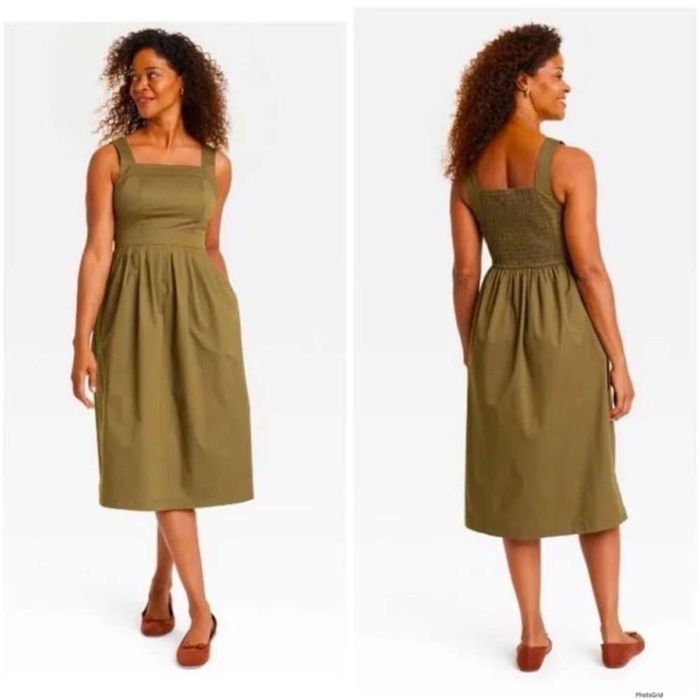 Knox Rose Olive Green Sleeveless Midi Dress | Size Small | Pockets
